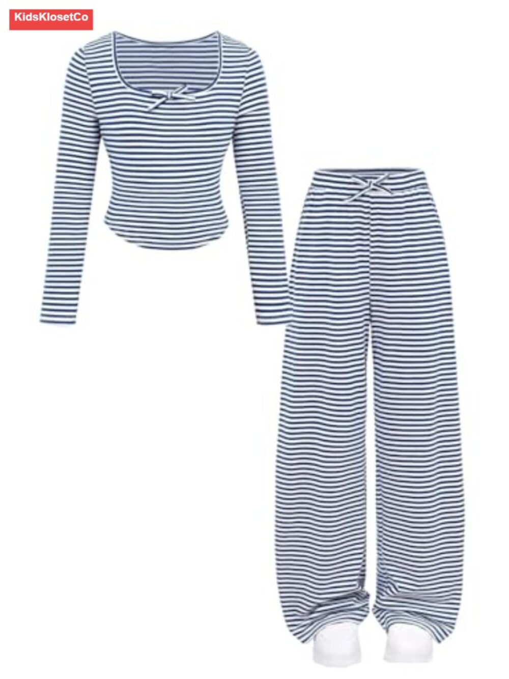 Girls Striped 2 Piece Outfit Long Sleeve Scoop Neck Top Wide Leg Pants Set